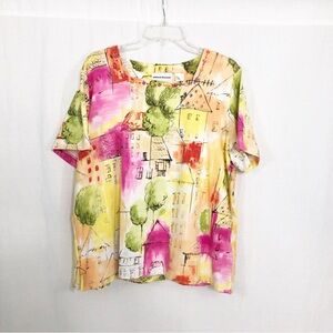Alfred Dunner Square Neck Short Sleeve Top, Size Large, Yellow Pink Green